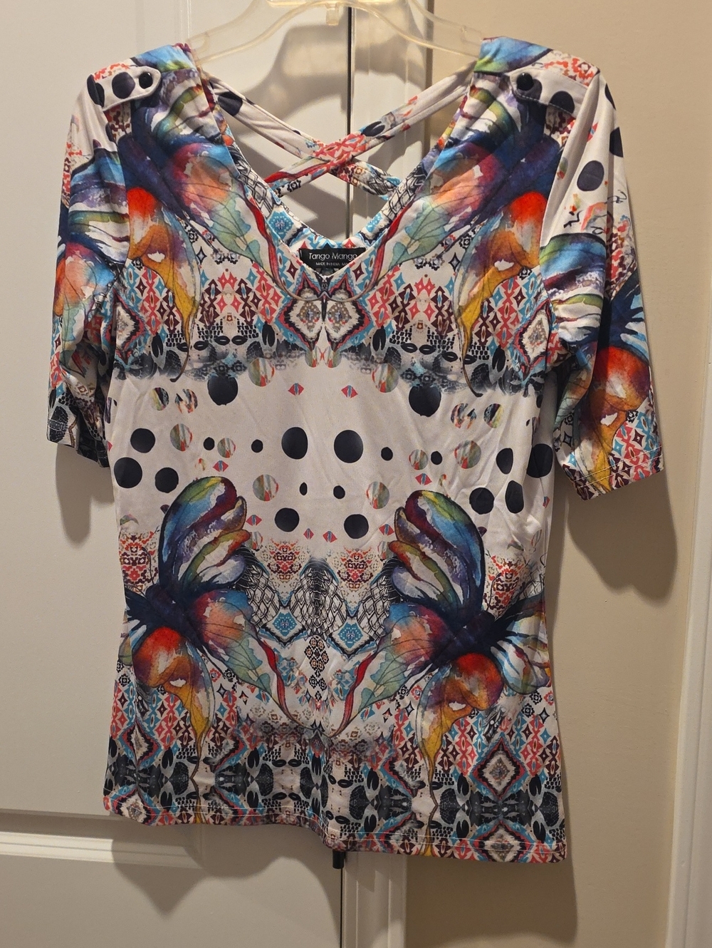 Tango Mango Multicolor V-Neck Crisscross Back Short Sleeve Top